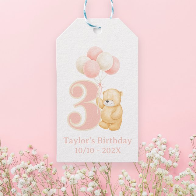 Whimsischer Niedliche Geburtstag 3 Jahre alt Pink  Geschenkanhänger (Birthday tag for girl turning 3 years old, Favor Tag, Whimsical Pink teddy bear with balloons)