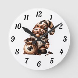 Whimsischer Niedlicher Kaffee Gnome Brown White Gi Runde Wanduhr