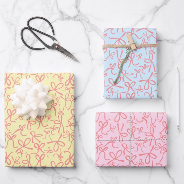 Whimsischer Niedlicher Pink Bows Muster Girly Past Geschenkpapier Set (Vorderseite)