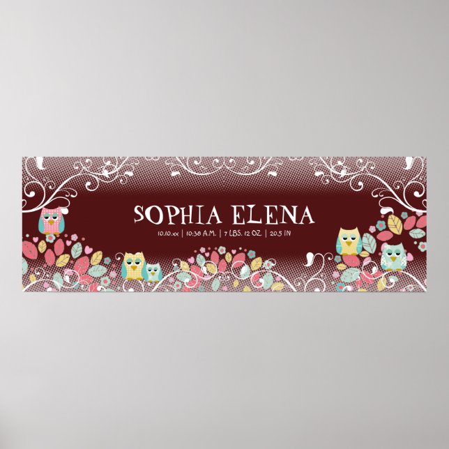 Whimsischer Niedlicher Spaß wirbeln Owls Baby Name Poster (Vorne)
