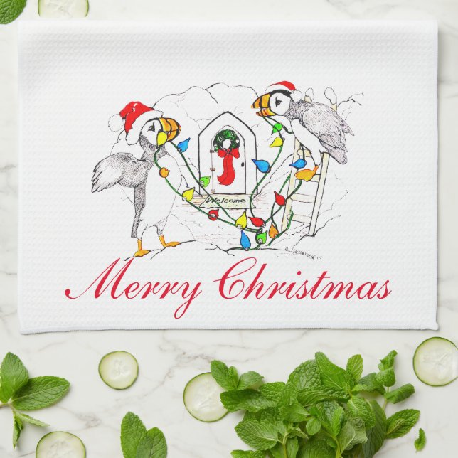 Whimsischer Niedlicher Weihnachtsurlaub Puffins Geschirrtuch (Gefaltet)