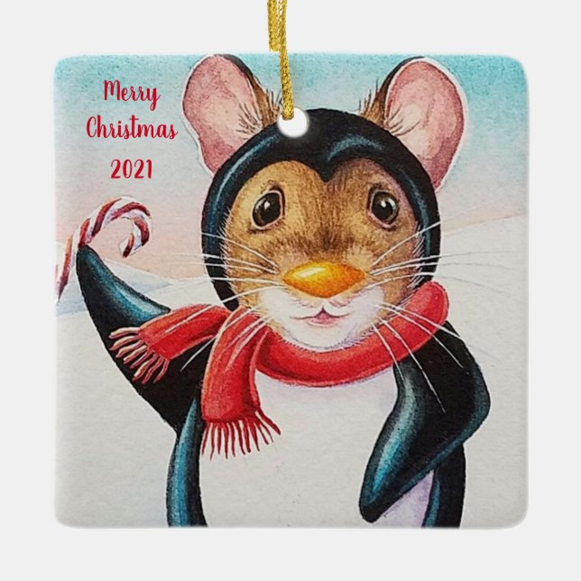 Whimsischer Nordpol Pinguin Mouse Wasserfarbe Kuns Keramikornament (Vorderseite)