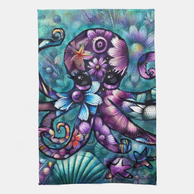 Whimsischer Octopus Floral Aquamarine Lila blaue K Geschirrtuch (Vertikal)