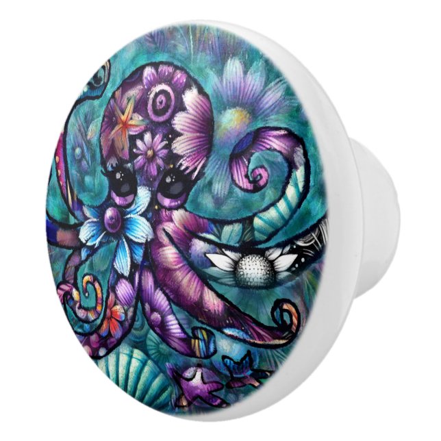 Whimsischer Octopus Floral Aquamarine Lila blaue K Keramikknauf (Rechts)