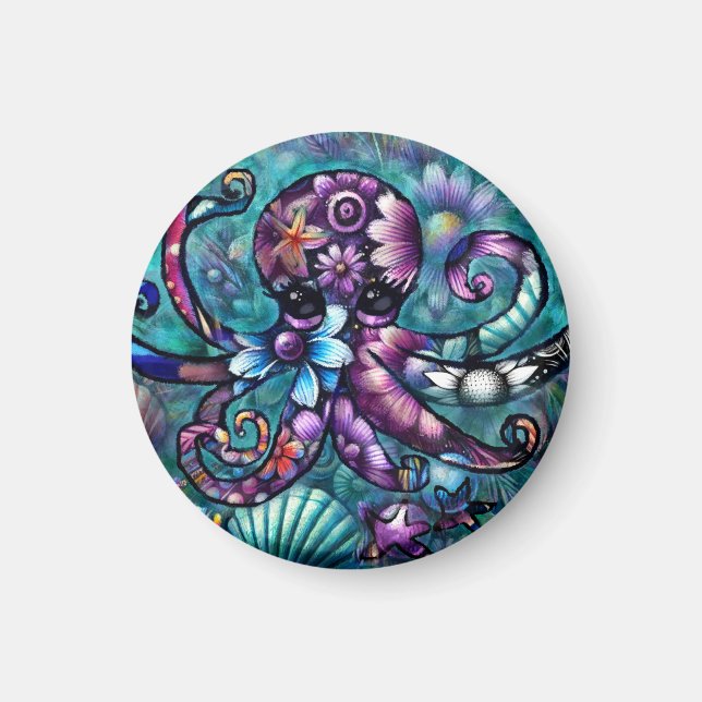Whimsischer Octopus Floral Aquamarine Lila blaue K Magnet (Vorne)