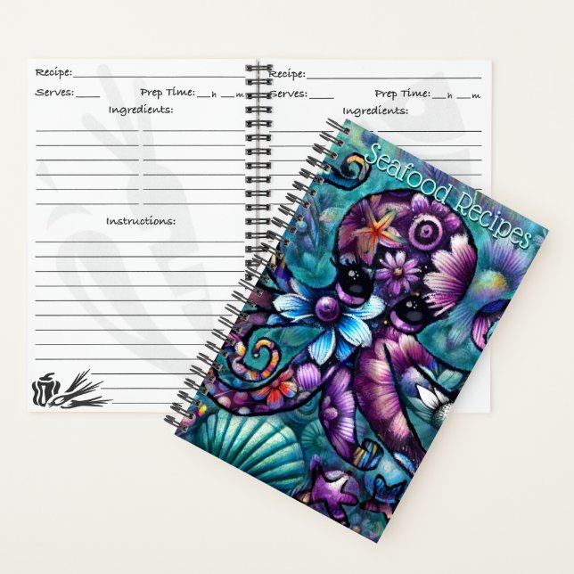 Whimsischer Octopus Floral Aquamarine Lila blaue K Notizbuch (Innen)
