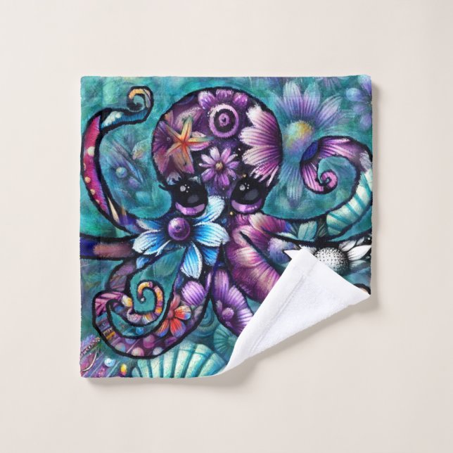 Whimsischer Octopus Floral Aquamarine Lila blaue K Waschlappen (Waschlappen)