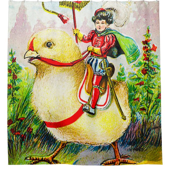 Whimsischer Ostergruss: Rider auf Riesenkick Duschvorhang (Vorderseite)