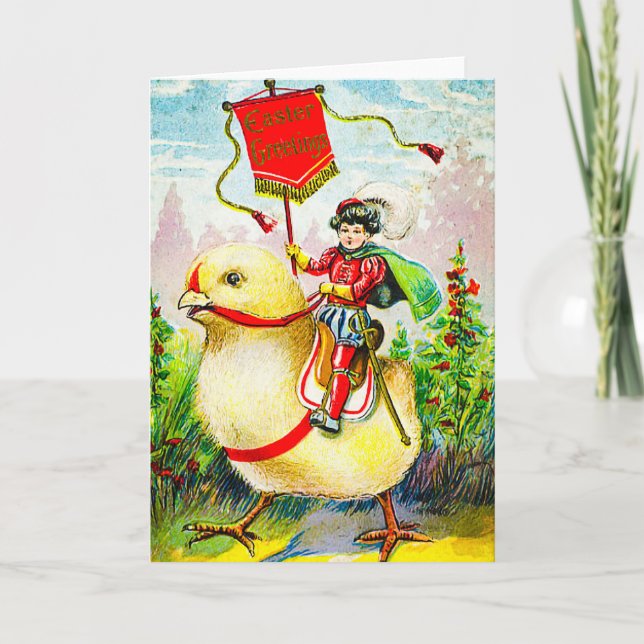 Whimsischer Ostergruss: Rider auf Riesenkick Karte (Vorderseite)