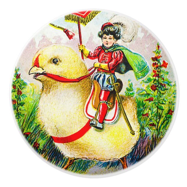 Whimsischer Ostergruss: Rider auf Riesenkick Keramikknauf (Vorderseite)