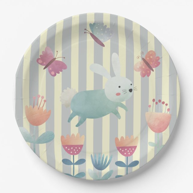Whimsischer Ostern Blau-Weiß-Blüten Pappteller (Vorderseite)