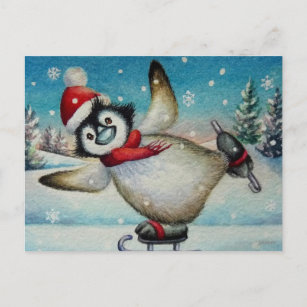 Whimsischer Pinguin Ice Skaten Wasserfarben Kunst, Postkarte