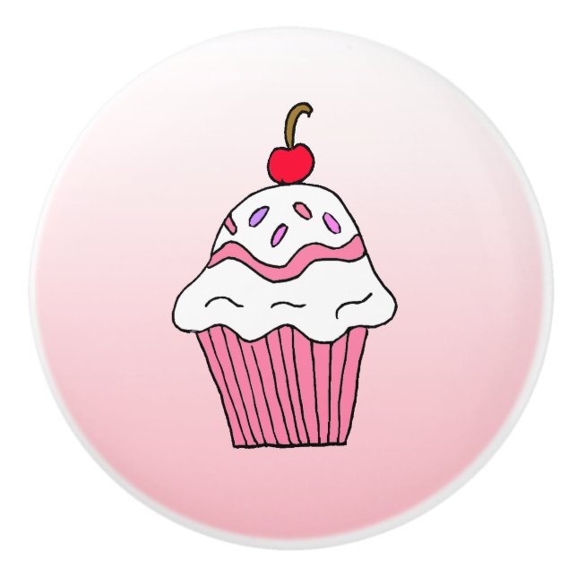 Whimsischer Pink Cupcake mit Cherry oben Keramikknauf (Vorderseite)
