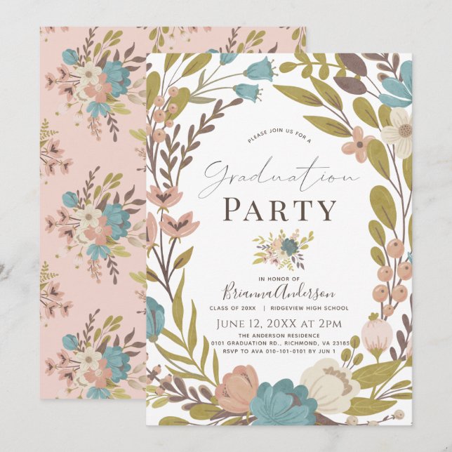 Whimsischer Pink Floral Abschluss Einladung (Vorne/Hinten)