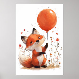 Whimsischer Red Fox mit Orange Balloon Poster
