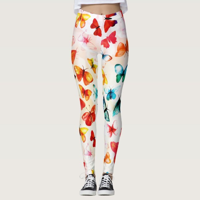 Whimsischer Regenbogenwald Butterfly Wasserfarbe Leggings (Vorderseite)