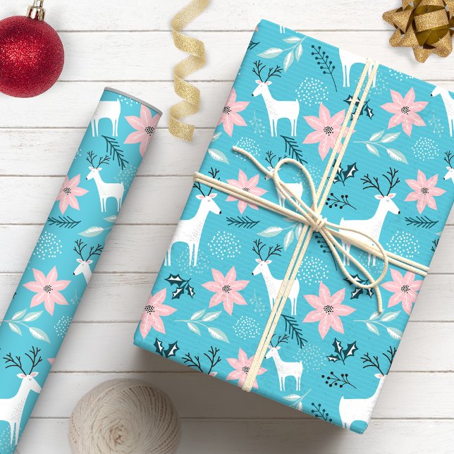 Whimsischer Rentier & Poinsettia Weihnachtsfest Geschenkpapier (Von Creator hochgeladen)