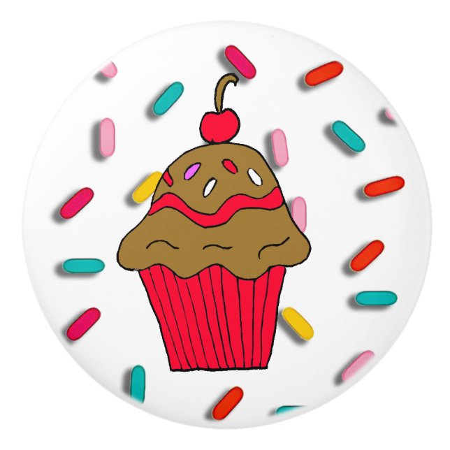 Whimsischer Rotschokolade Cupcake mit Cherry oben Keramikknauf (Vorderseite)