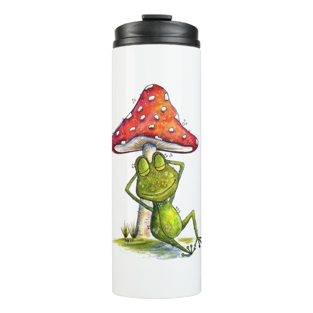 Whimsischer Schlaffrosch unter einem Pilz Thermosbecher (Vorderseite)
