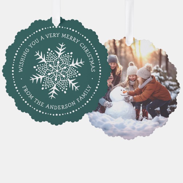 Whimsischer Schneeflocken-Dot-Grenz-Kiefer grün Ornament Karte (Vorderseite/Rückseite)