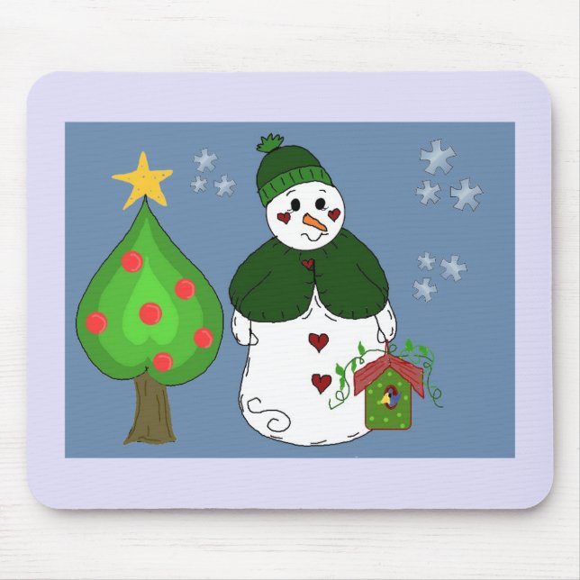 Whimsischer Schneemann mit Birdhouse Mousepad (Vorne)