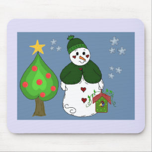 Whimsischer Schneemann mit Vogelhaus Mousepad