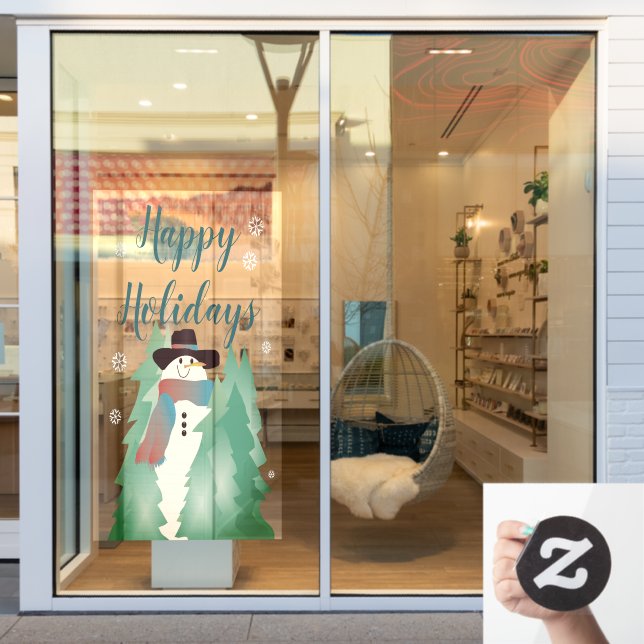Whimsischer Schneemann und Bäume Fensteraufkleber (Schaufenster)