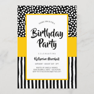 Whimsischer Schwarz-weißer und gelber Geburtstag Einladung
