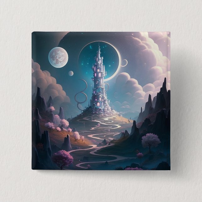Whimsischer Turm Landschaft Fantasy Art Button (Vorderseite)