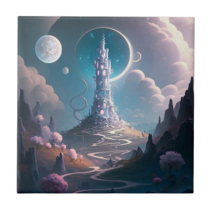 Whimsischer Turm Landschaft Fantasy Art Fliese