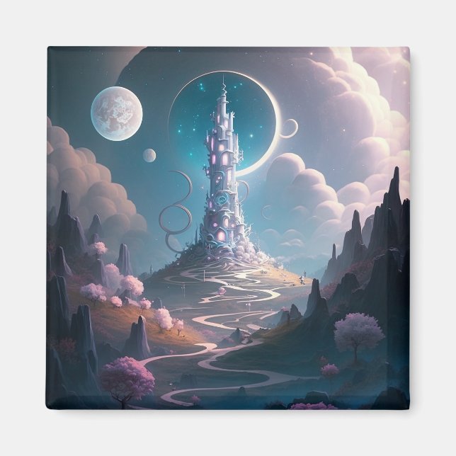 Whimsischer Turm Landschaft Fantasy Art Magnet (Vorne)