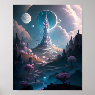 Whimsischer Turm Landschaft Fantasy Art Poster