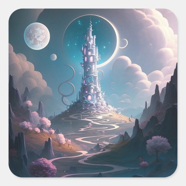 Whimsischer Turm Landschaft Fantasy Art Quadratischer Aufkleber (Vorderseite)