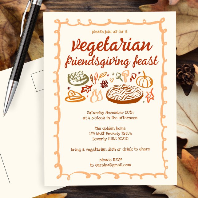 Whimsischer VEGETARISCHER Erntedank Postkarte (Whimsical VEGETARIAN Thanksgiving Friendsgiving Dinner Party Invitation Custom Postcard
)