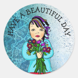 Whimsischer Volkskunst Girl del Malcantone mit Blu Runder Aufkleber