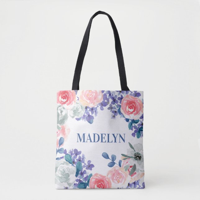 Whimsischer Wasserfarbenfloral Anpassbarer Name Tasche (Vorderseite)