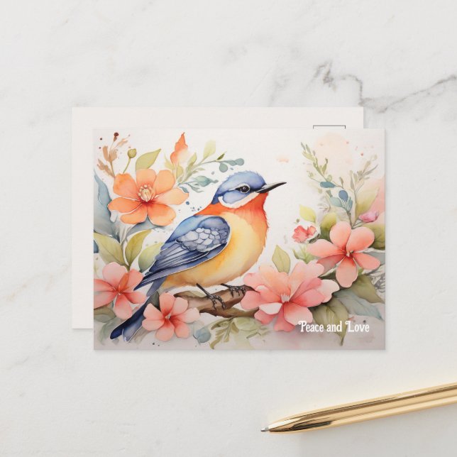 Whimsischer Wasserfarbenfroher Vogel Kunst Postkarte (Vorderseite/Rückseite Beispiel)
