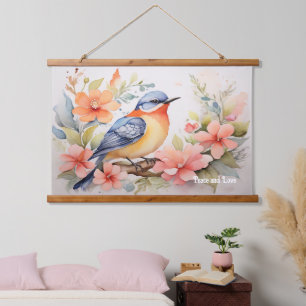 Whimsischer Wasserfarbenfroher Vogel Kunst Wandteppich Mit Holzrahmen