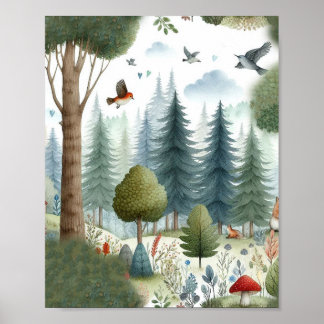 Whimsischer Wasserfarbenwald Tierkids-Kinderzimmer Poster