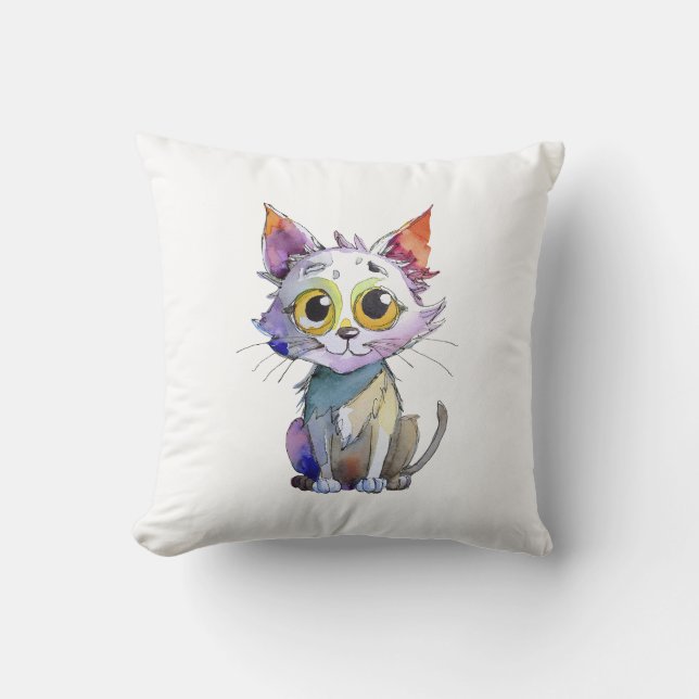 Whimsischer Wasserfarbkatze Kissen (Vorderseite)