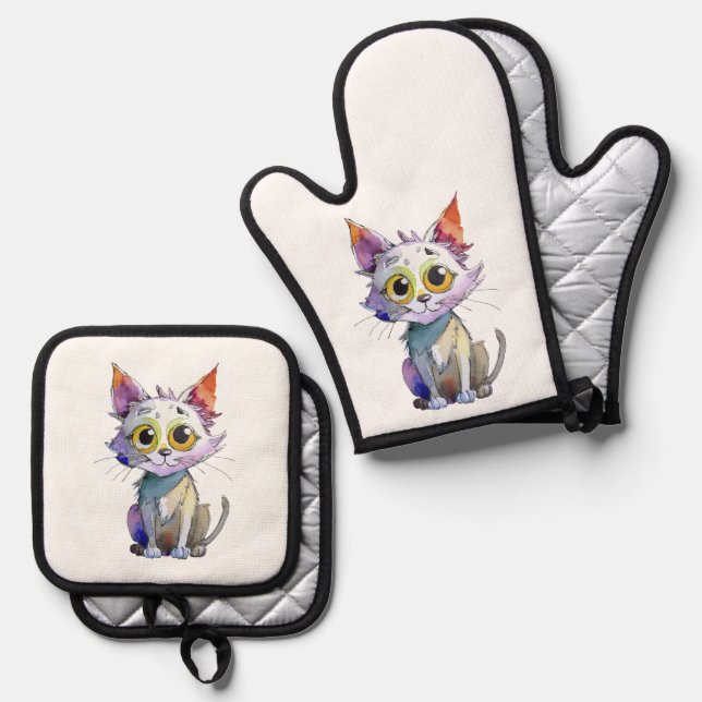 Whimsischer Wasserfarbkatze Ofenhandschuh & Topflappen-Set (Vorderseite/Rückseite)