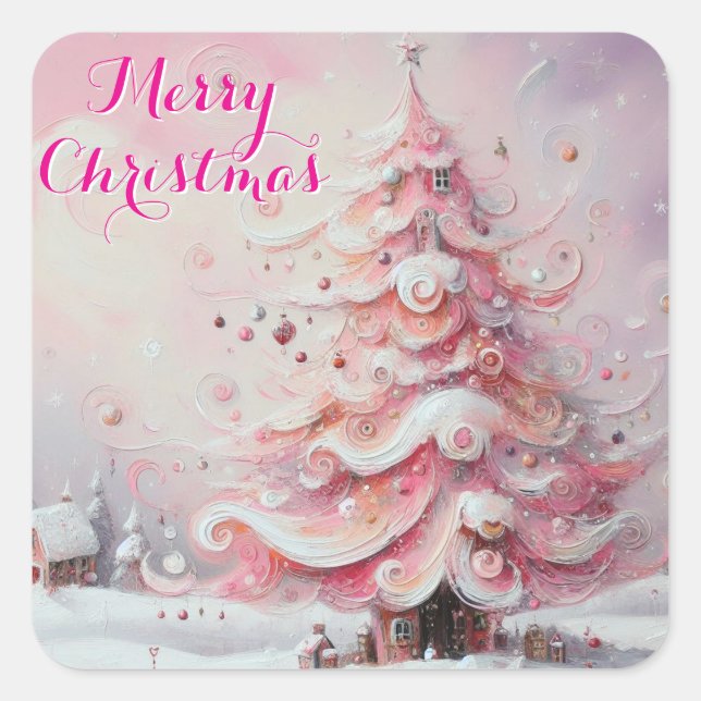 Whimsischer Weihnachtsbaum Rosa Weiße Wirbel Schne Quadratischer Aufkleber (Vorderseite)