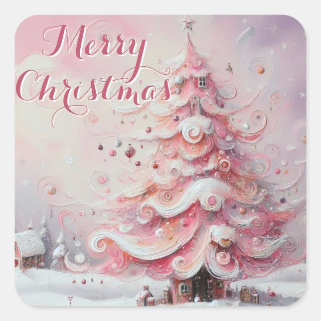 Whimsischer Weihnachtsbaum Rosa Weiße Wirbel Schne Quadratischer Aufkleber (Vorderseite)