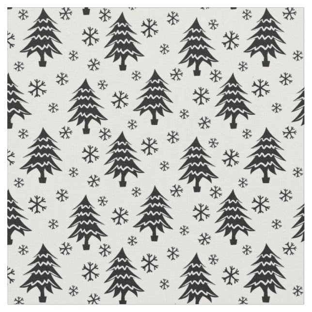 Whimsischer Weihnachtsbaum Schneeflocken Schwarz-w Stoff (Nahaufnahme)
