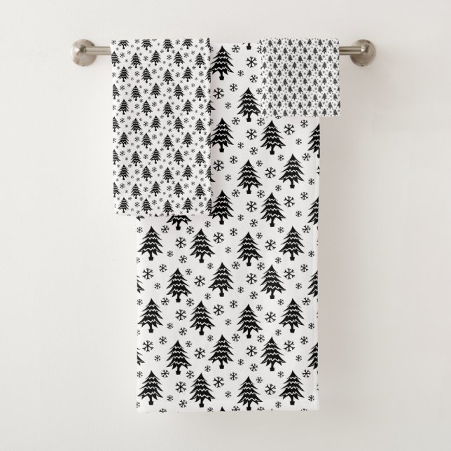 Whimsischer Weihnachtsbaum Snowflake Schwarz-weiß Badhandtuch Set (Insitu)