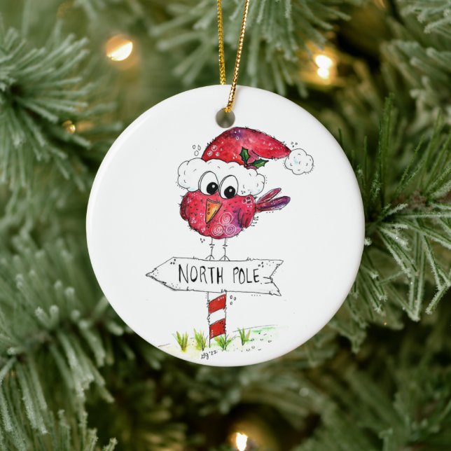Whimsischer Weihnachtsbird Keramik Ornament (Baum)