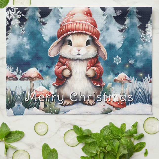 Whimsischer Weihnachtsbunny Geschirrtuch (Gefaltet)