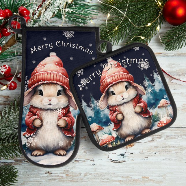 Whimsischer Weihnachtsbunny Ofenhandschuh & Topflappen-Set (Whimsical Christmas Bunny Oven Mitt Potholder Set)