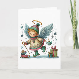 Whimsischer Weihnachtsengel auf Eiswürfel-Skaten Karte