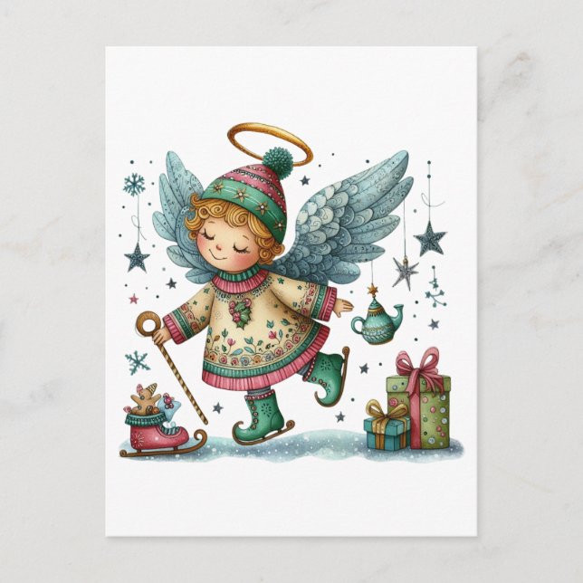 Whimsischer Weihnachtsengel auf Eiswürfel-Skaten Postkarte (Vorderseite)